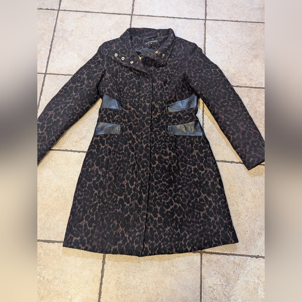 Via Spiga Brown and Black Leopard Print Trench Coat with Faux Leather Trim